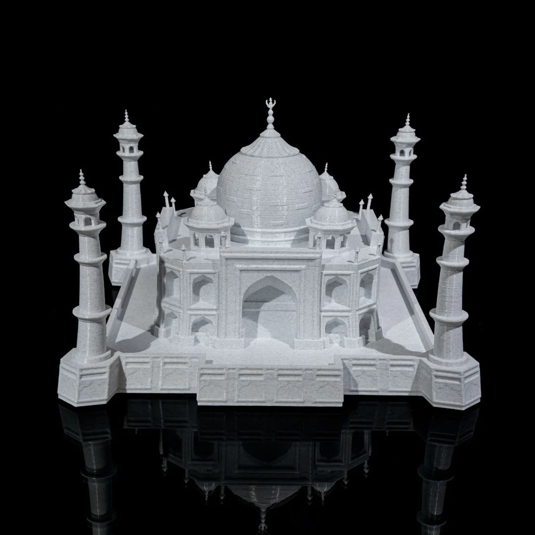 Front view of a Taj Mahal model showing the central dome and four minarets.