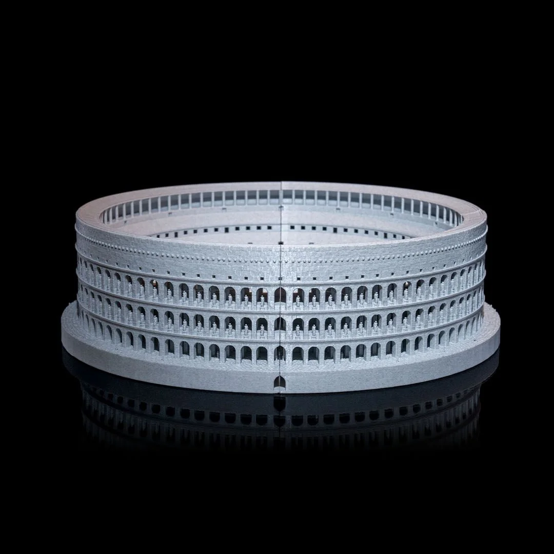 Colosseum model showing its oval shape and tiers of exterior arches.
