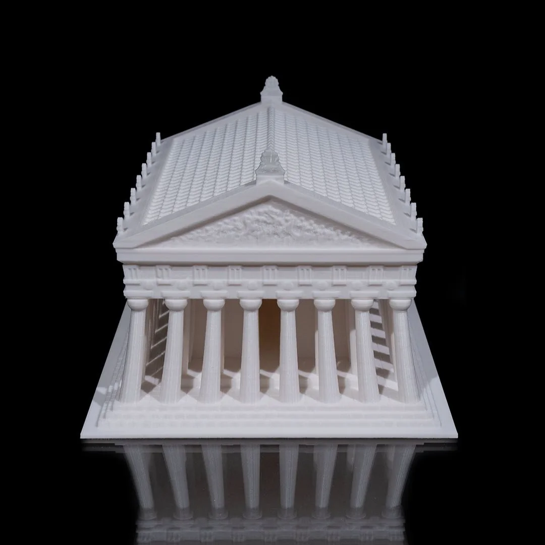 Front view of a Parthenon model with a pitched roof and classical columns.