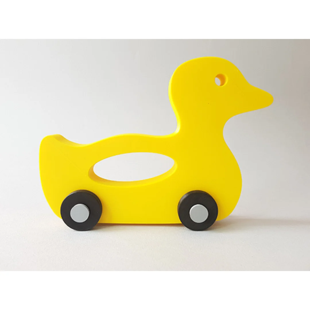 Duck-shaped car model with an oval opening in the body and two visible wheels.