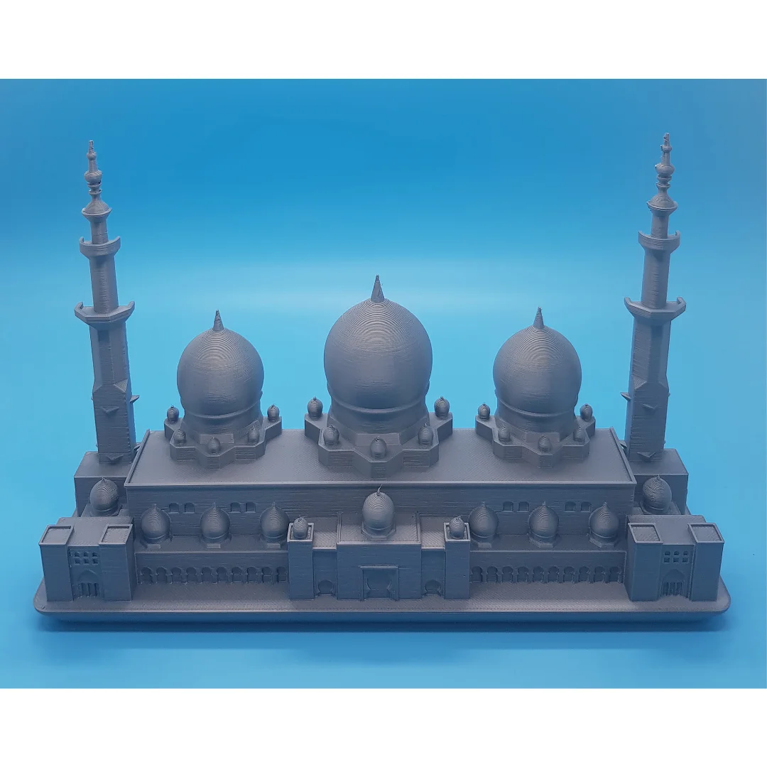 Elevated front view of a Sheikh Zayed Mosque elevation model showing roof details.