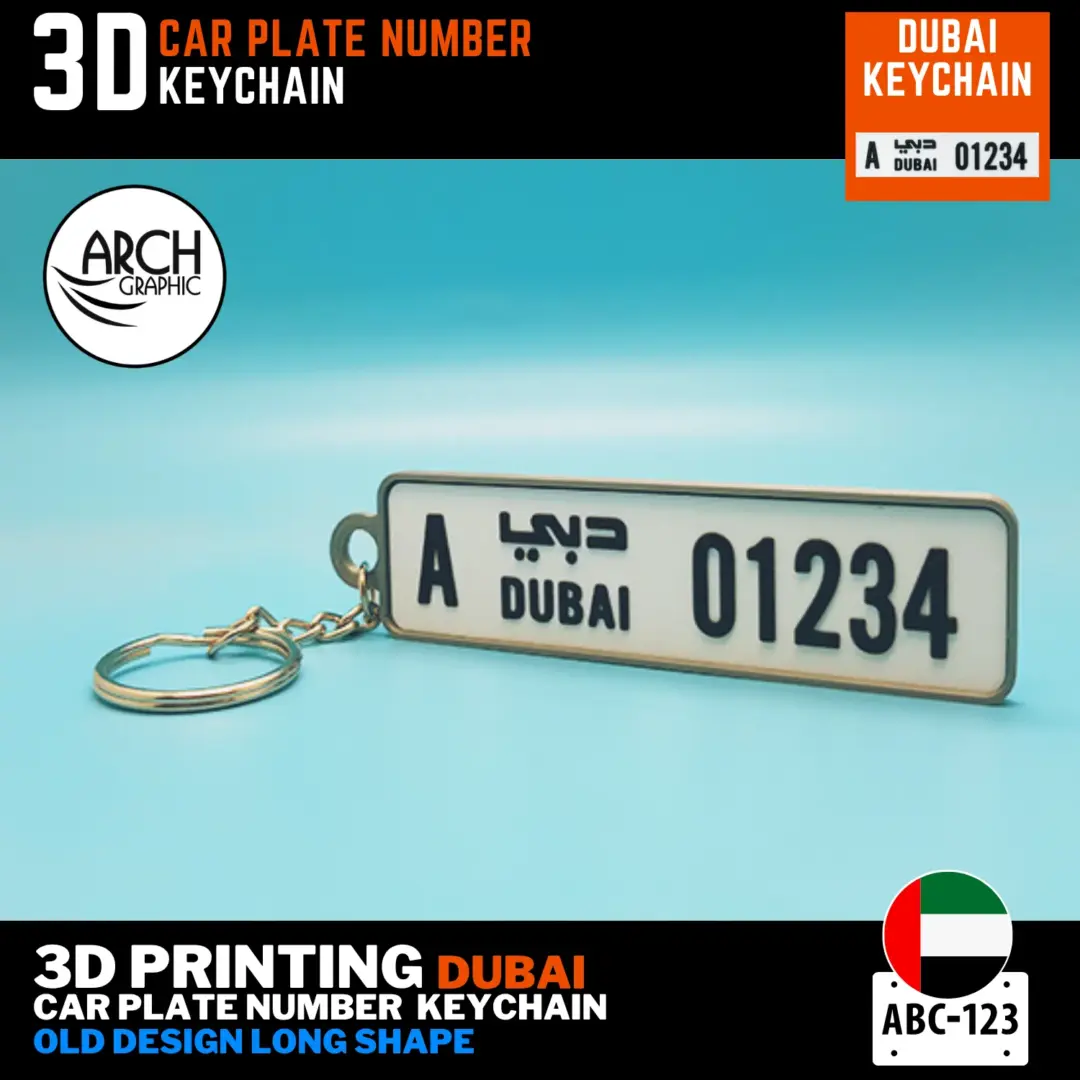 Dubai car number keychain old long plate 3D printed clean white design UAE gift