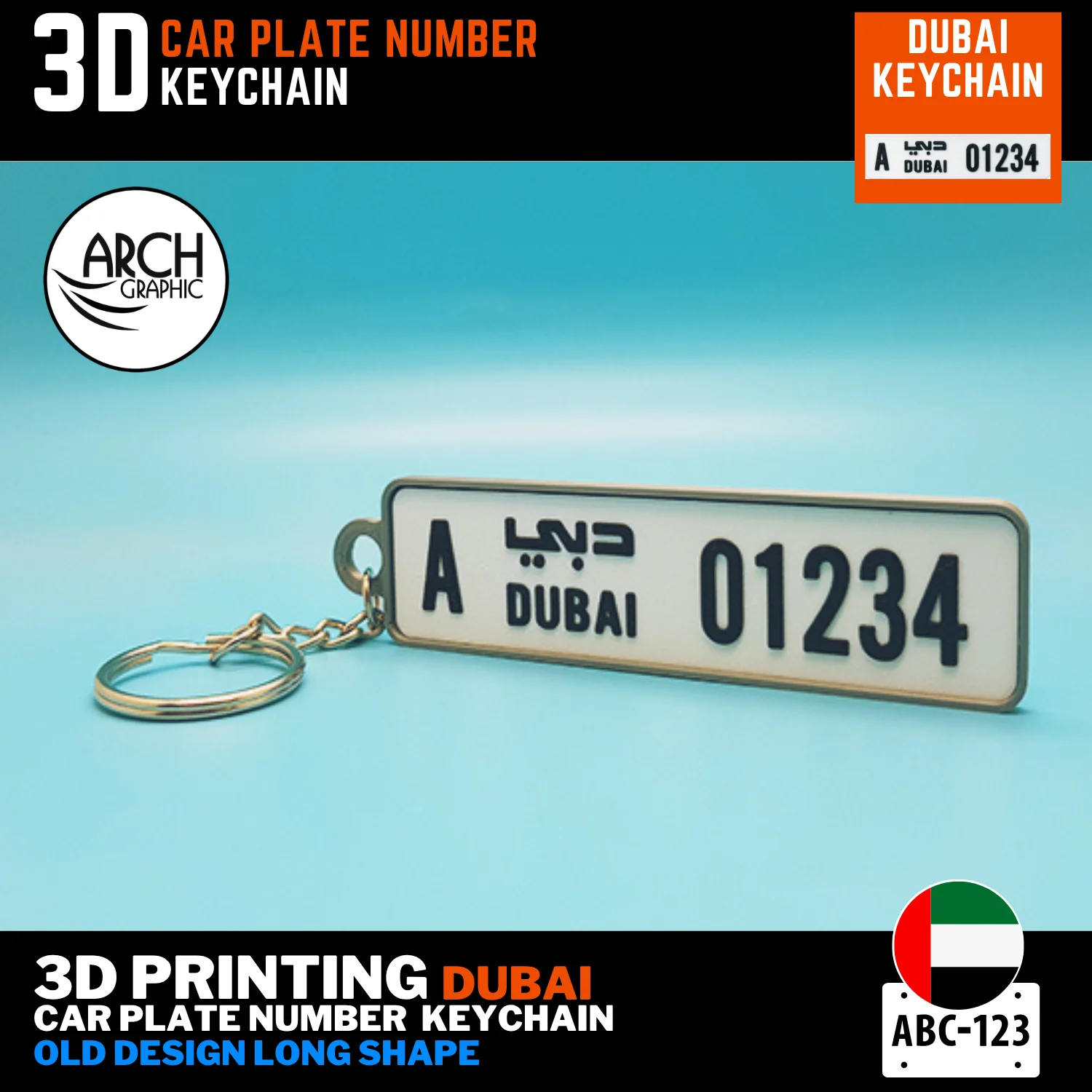 Dubai car number keychain old long plate 3D printed clean white design UAE gift