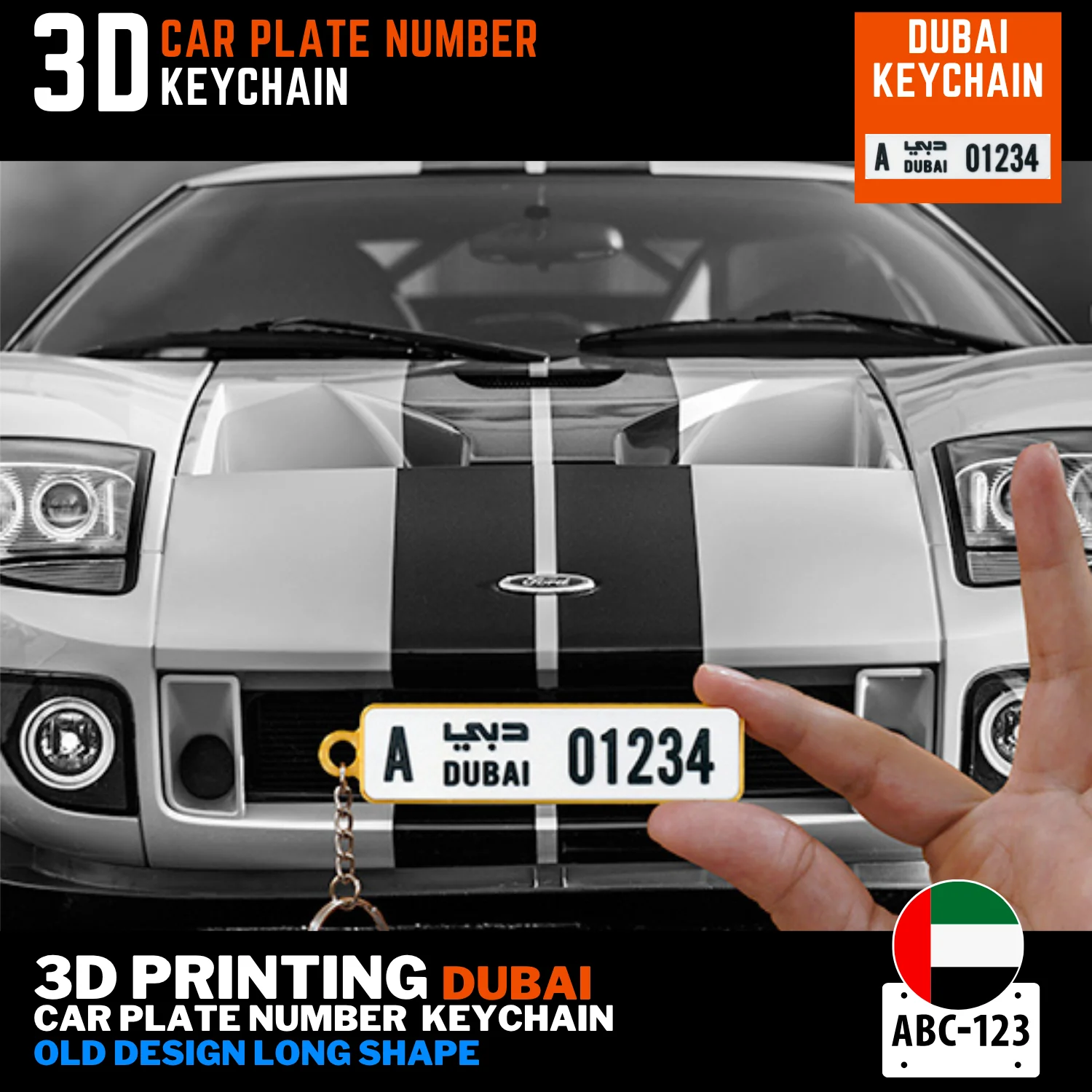 Dubai old long plate keychain 3D printed yellow frame custom text on back UAE