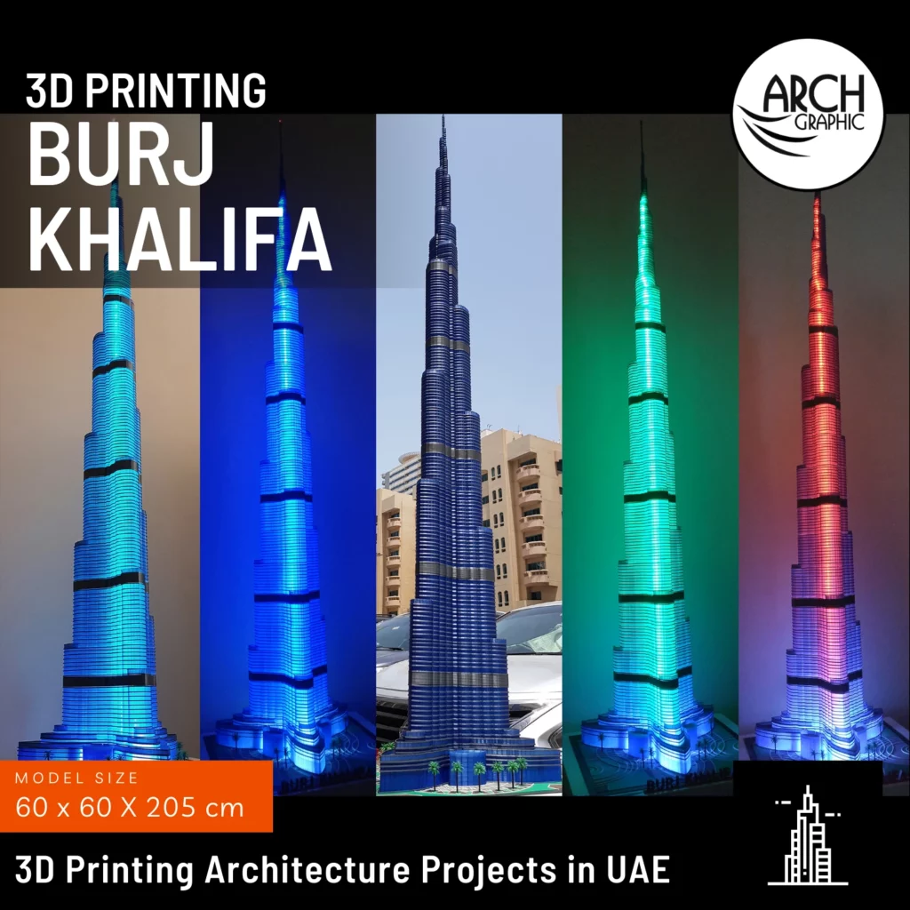 3D Printing 2 meters Burj Khalifa with LED Light using FDM 3D Printers from Arch Graphic 3D Printing Service Company in UAE