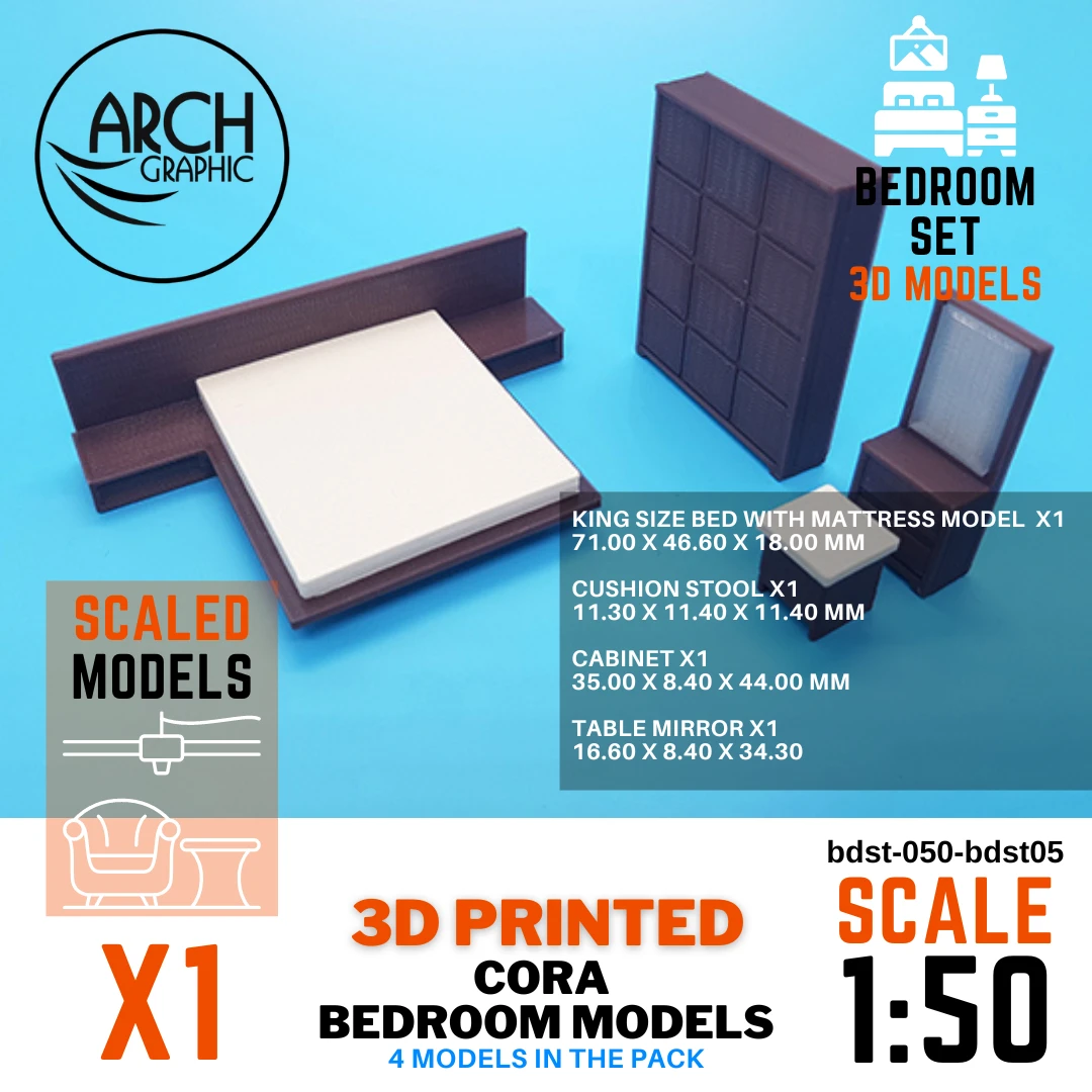 3D printed Cora bedroom models scale 1:50