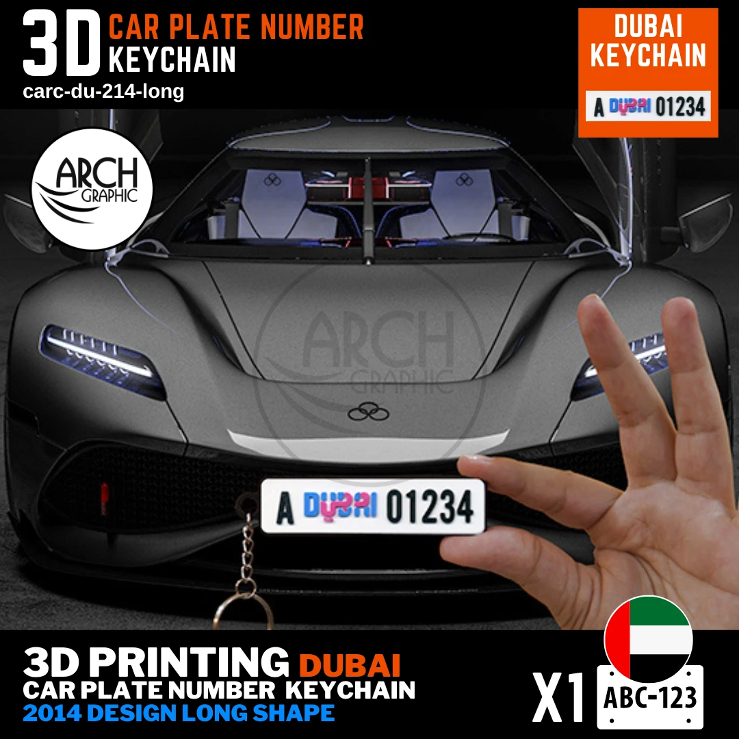 Customized 3D Printed Mini Number Plate Keychain for Car and Bike of Dubai 2014 Design Long Shape