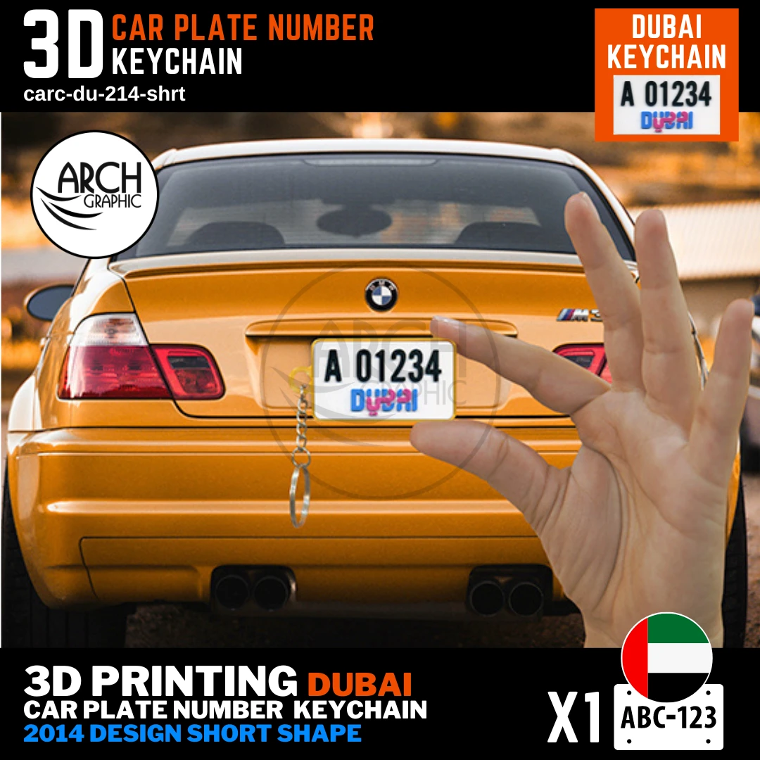Customized 3D Print Number Plate Keychain for Car and Bike of Dubai 214 Design Short Shape