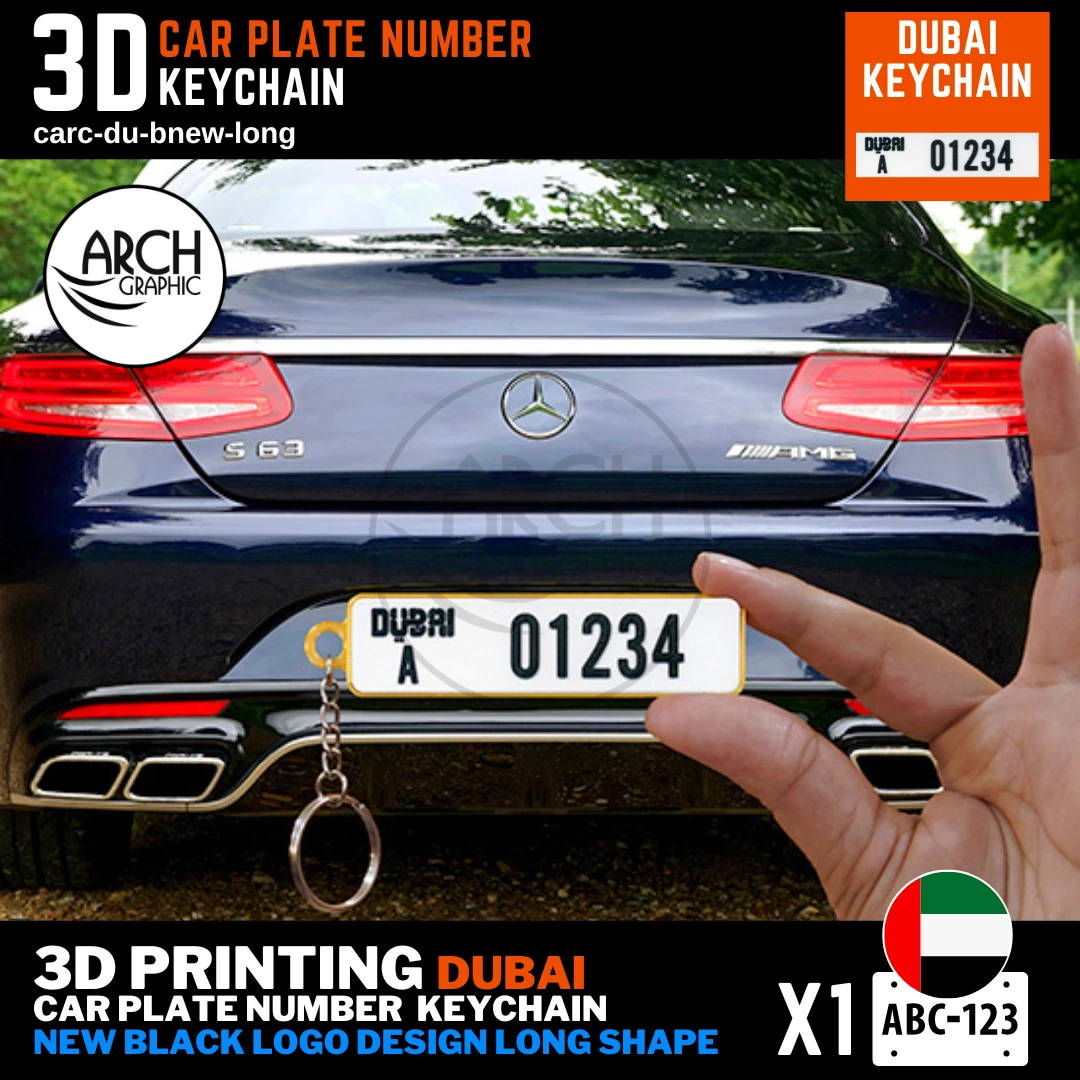 Customized 3D Print Number Plate Keychain for Car and Bike of Dubai Black New Design Long Shape