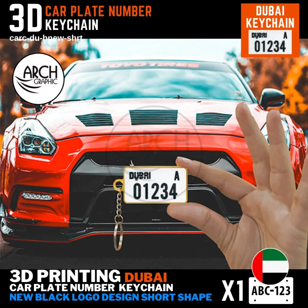 Customized 3D Printed Mini Number Plate Keychain for Car and Bike of Dubai Black New Design Short Shape