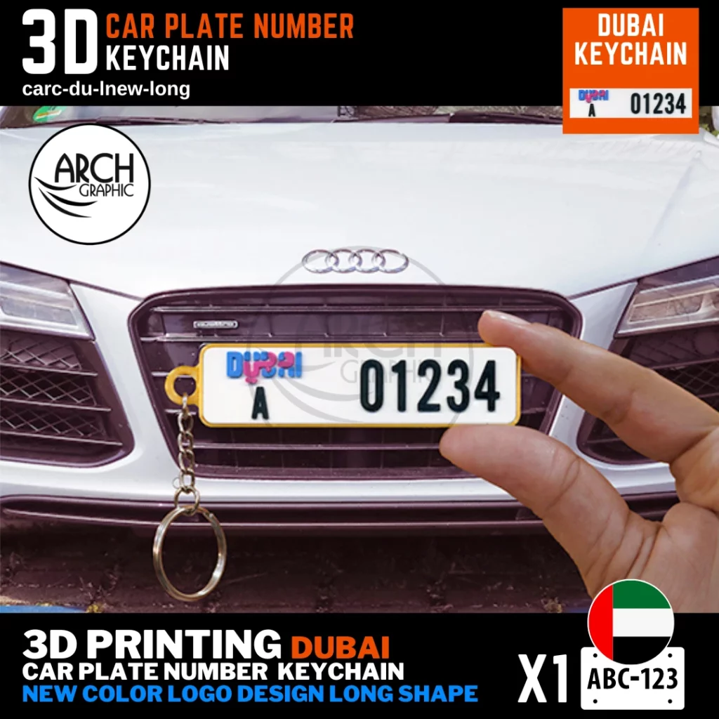 Customized 3D Printed Mini Number Plate Keychain for Car and Bike of Dubai Color Logo New Design Long Shape