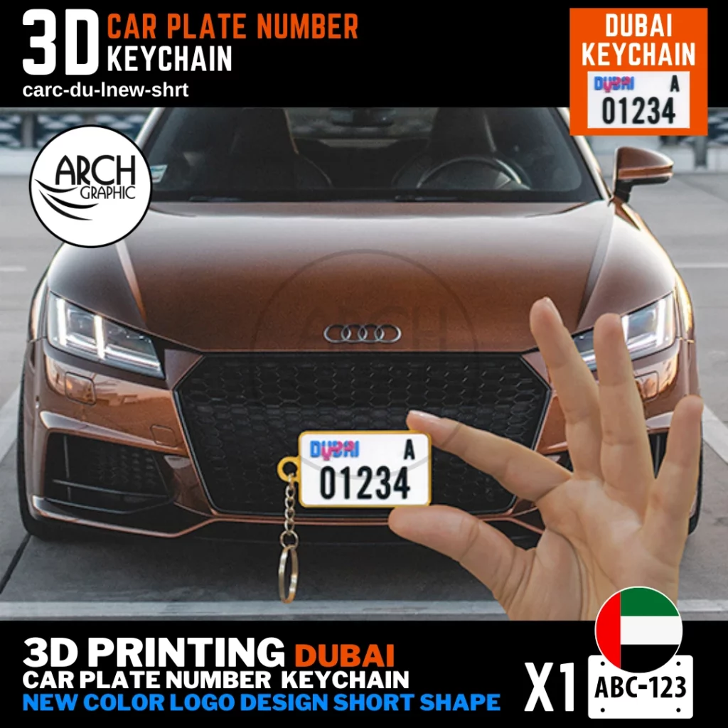Customized 3D Printed Mini Number Plate Keychain for Car and Bike of Dubai Color Logo New Design Short Shape