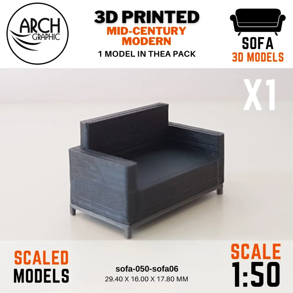 3D printed mid-century modern sofa model scale 1:50