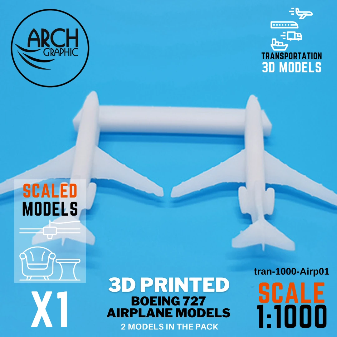 3D printed Boeing 727 airplane models scale 1:1000
