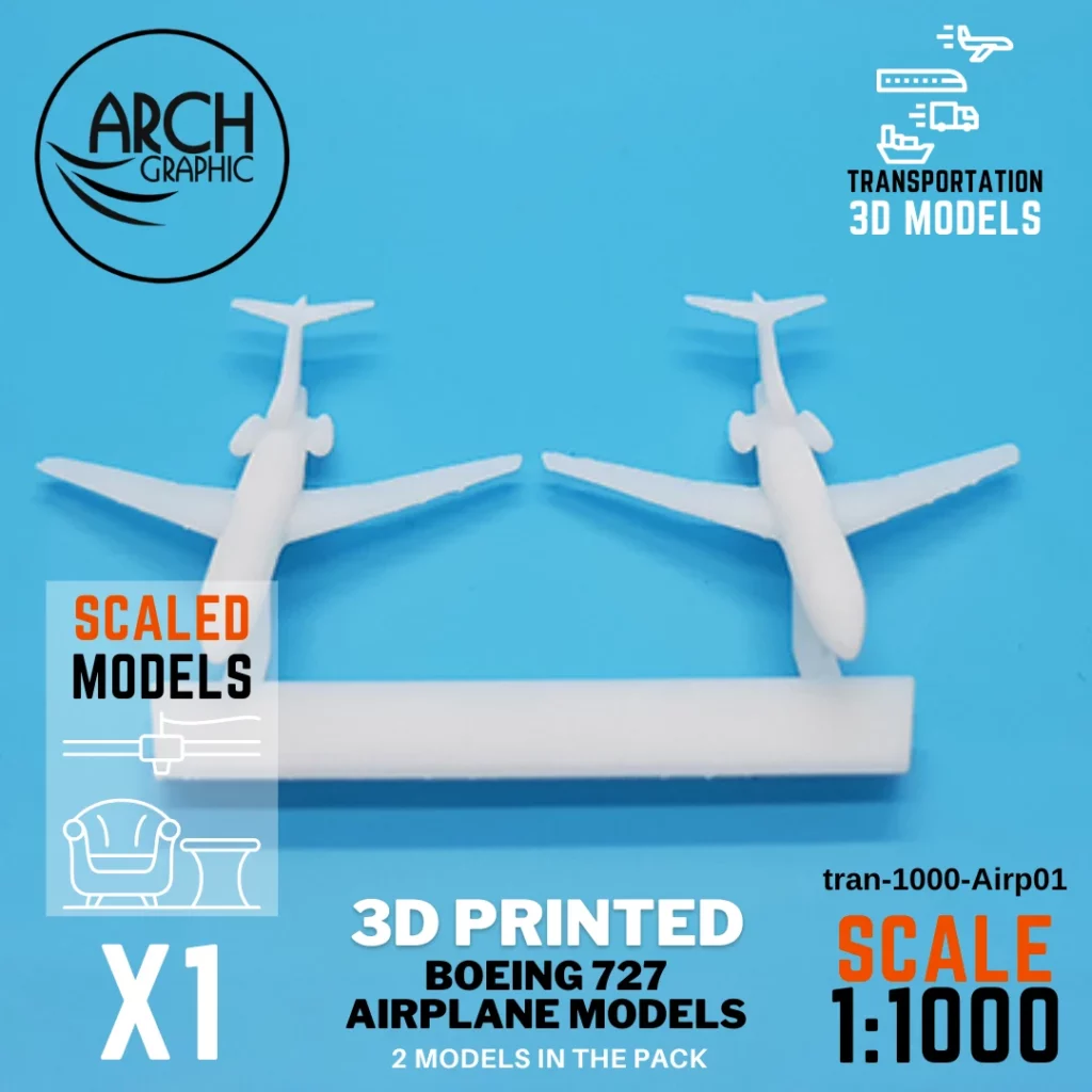 High-Quality 3D Printing for Boeing 727 Airplane Models scale 1:1000 to use for Architecture Models Projects