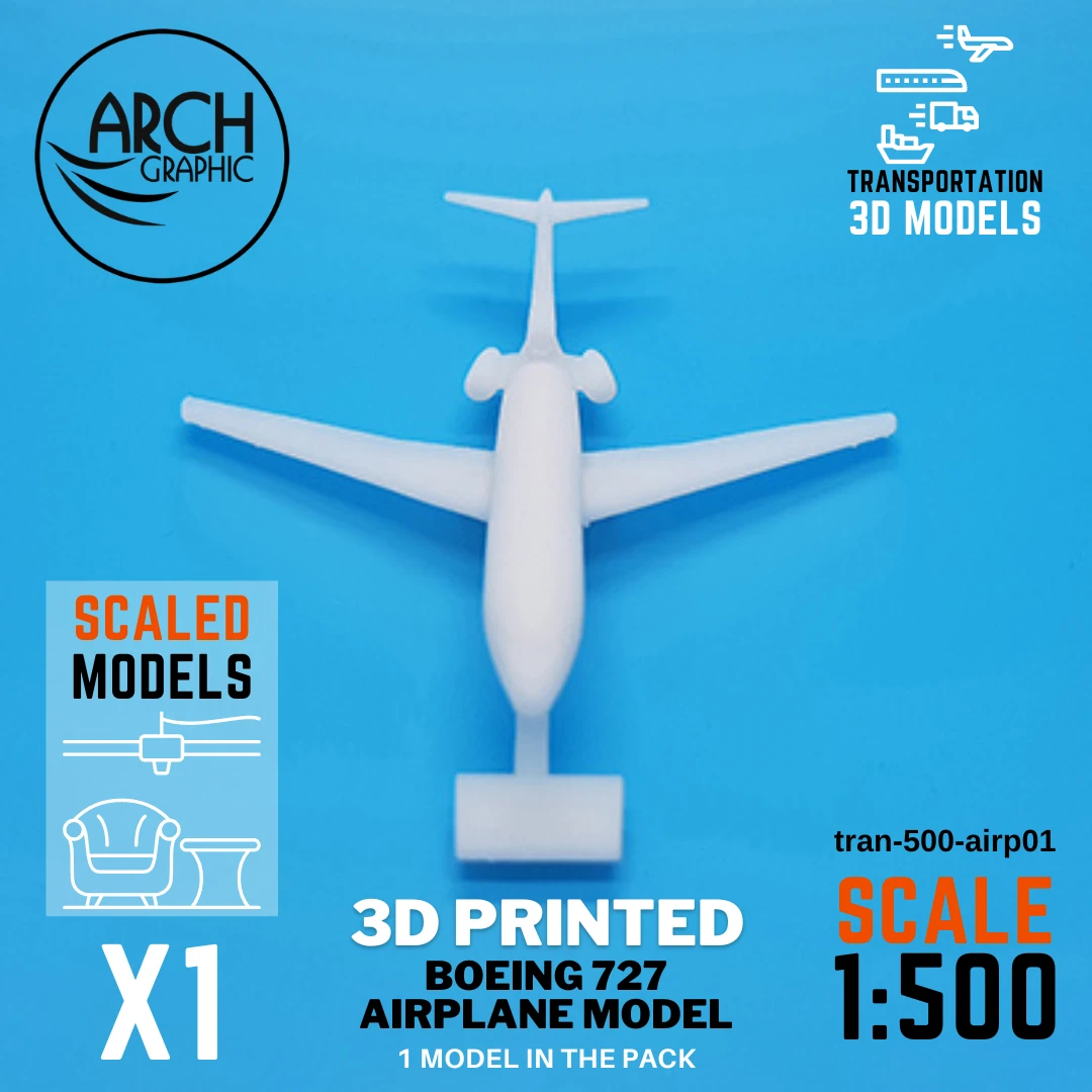 High-Quality 3D Printing for Boeing 727 Airplane Models scale 1:500 to use for Architecture Models Projects