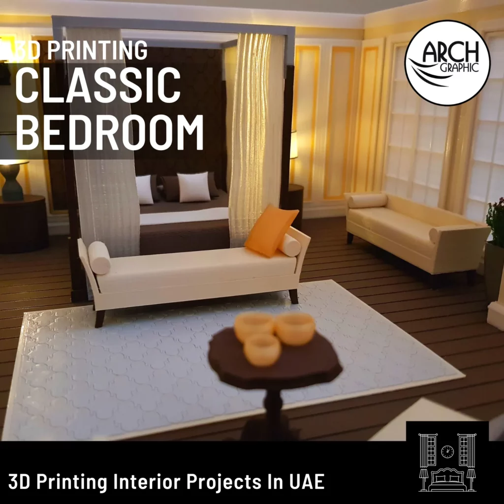 3d printed classic bedroom interior model in UAE