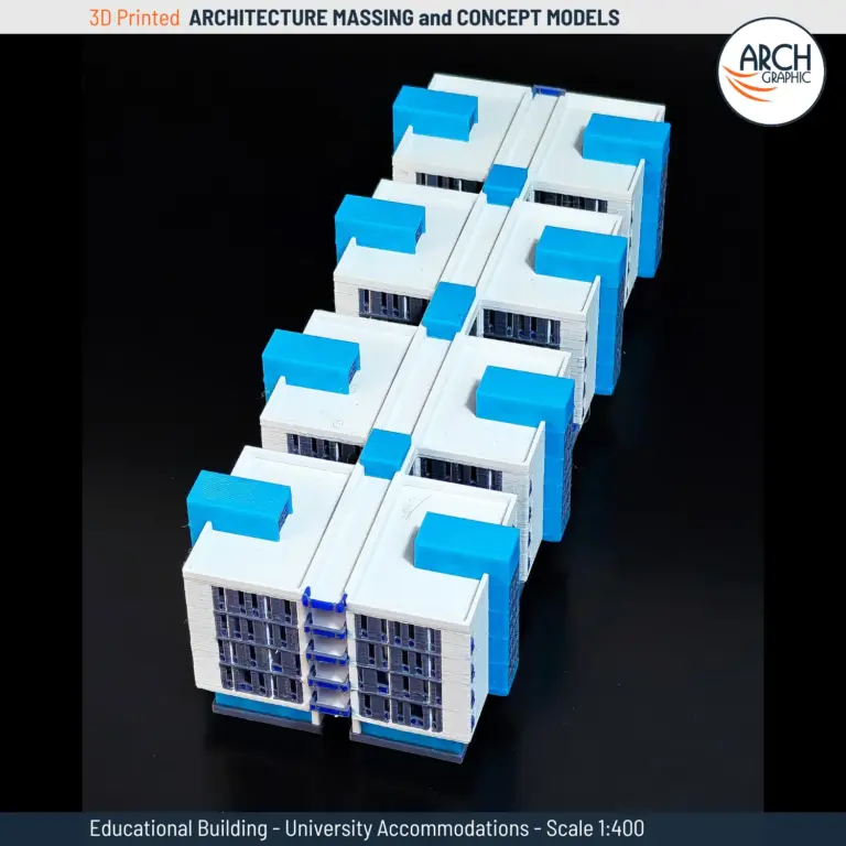 Top view of 3D printed model showing modular student housing blocks – scale 1:400