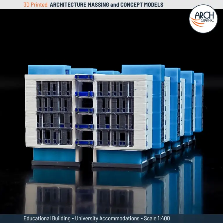 Close-up front view of 3D printed university accommodations showing facade texture and vertical core – scale 1:400