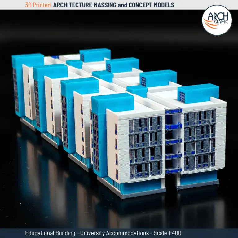 Distant top view of 3D printed student housing model showing full layout and block arrangement – scale 1:400