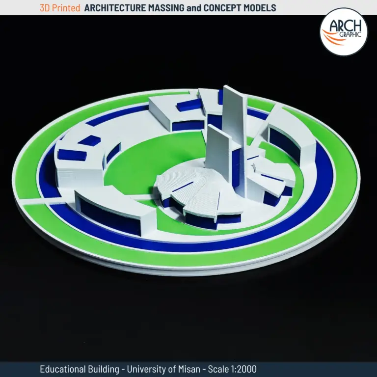 3D printed model of University of Misan showing radial layout and architectural zoning – scale 1:2000
