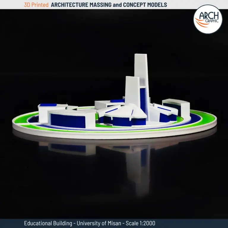 3D printed architectural model of University of Misan showing front view with symmetrical zoning – scale 1:2000
