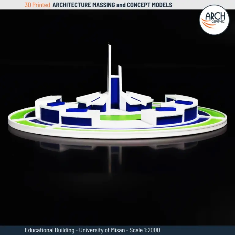 Low-angle view of 3D printed University of Misan model highlighting central tower and radial massing – scale 1:2000