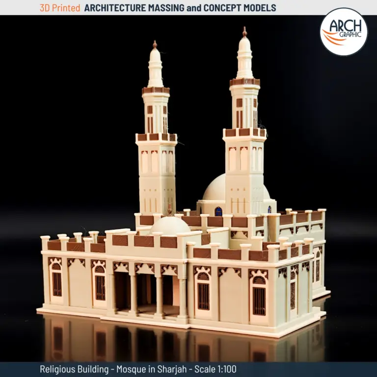 3D printed model of an Islamic mosque with minarets in Sharjah, United Arab Emirates