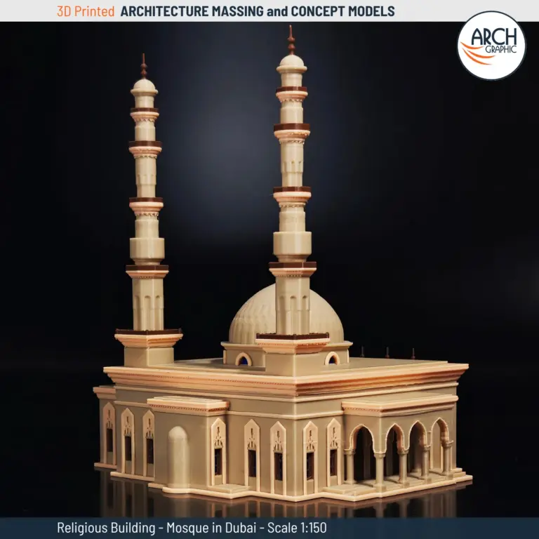 3D printed scale model of a traditional mosque with Islamic architectural features in Dubai