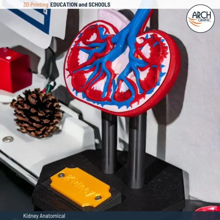 Realistic 3D printed kidney anatomical model with renal arteries and veins.