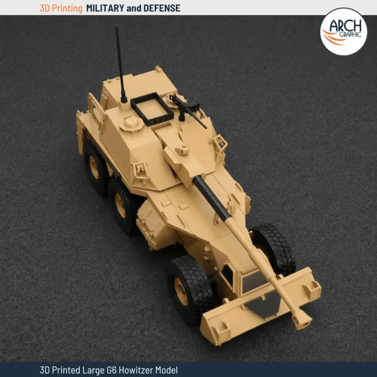 3D printed large G6 Howitzer scale model top view showing turret and barrel by Arch Graphic UAE