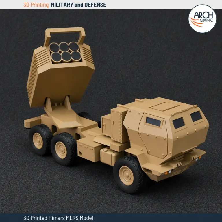 نموذج هيمارس MLRS مطبوع ثلاثي الأبعاد منظر أمامي أيسر آرش غرافيك الإمارات الدفاع
