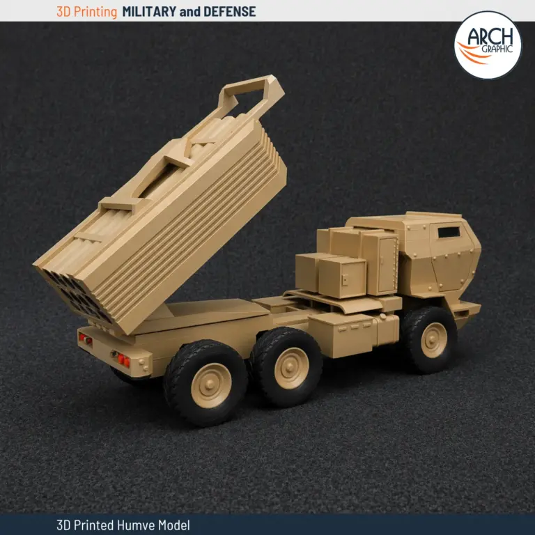 3D printed HIMARS MLRS variant scale model rear view with launcher pod Arch Graphic UAE