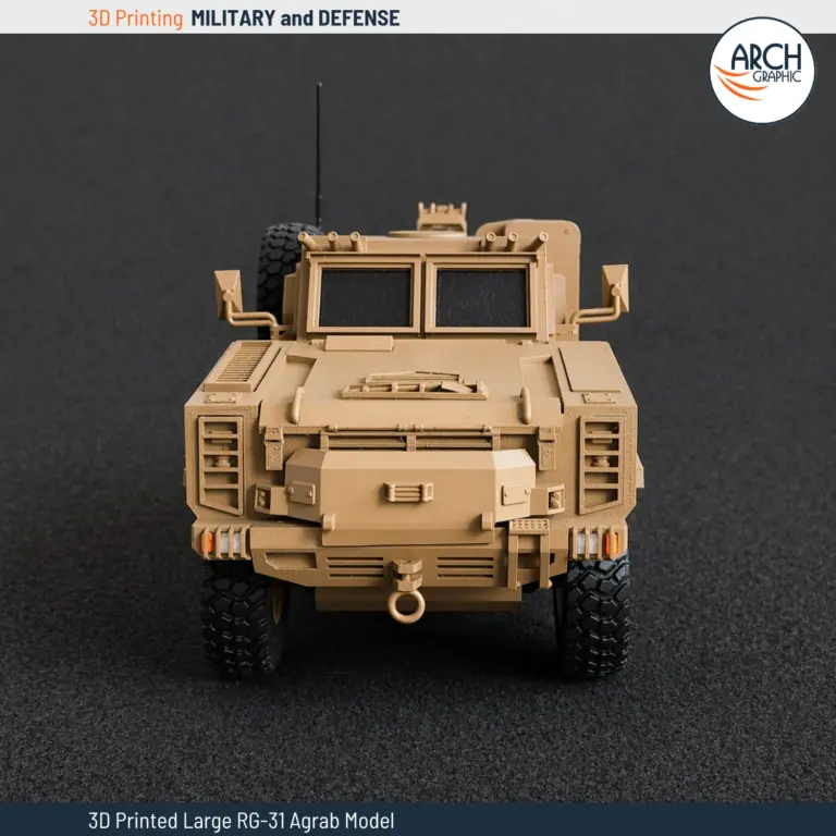 3D printed large RG-31 Agrab MRAP scale model straight front view Arch Graphic UAE defense
