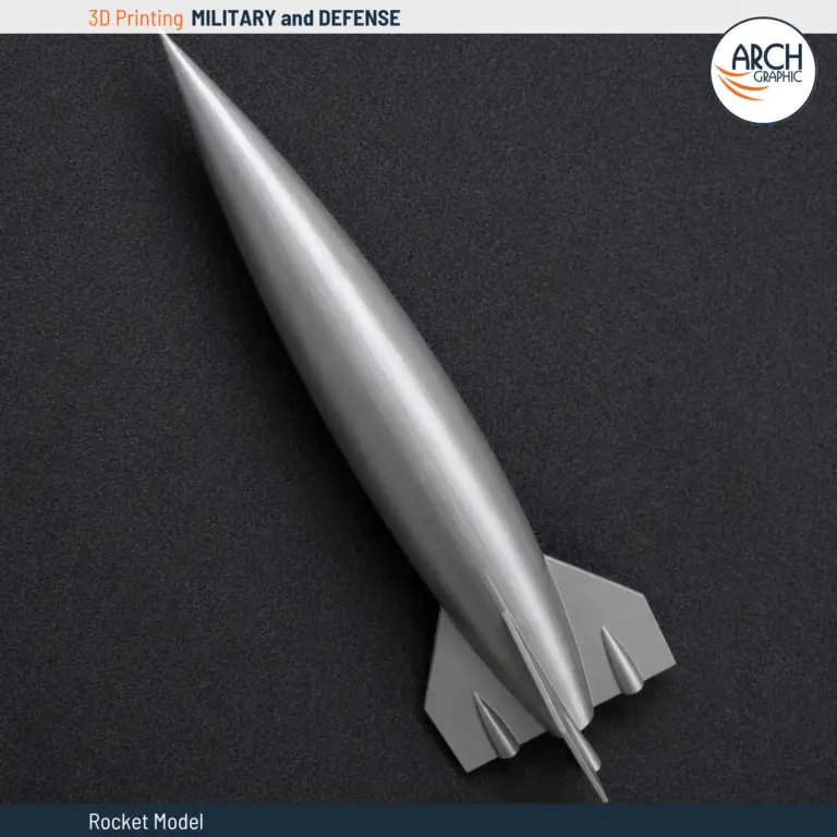 3D printed metallic silver rocket scale model diagonal view Arch Graphic UAE military defense