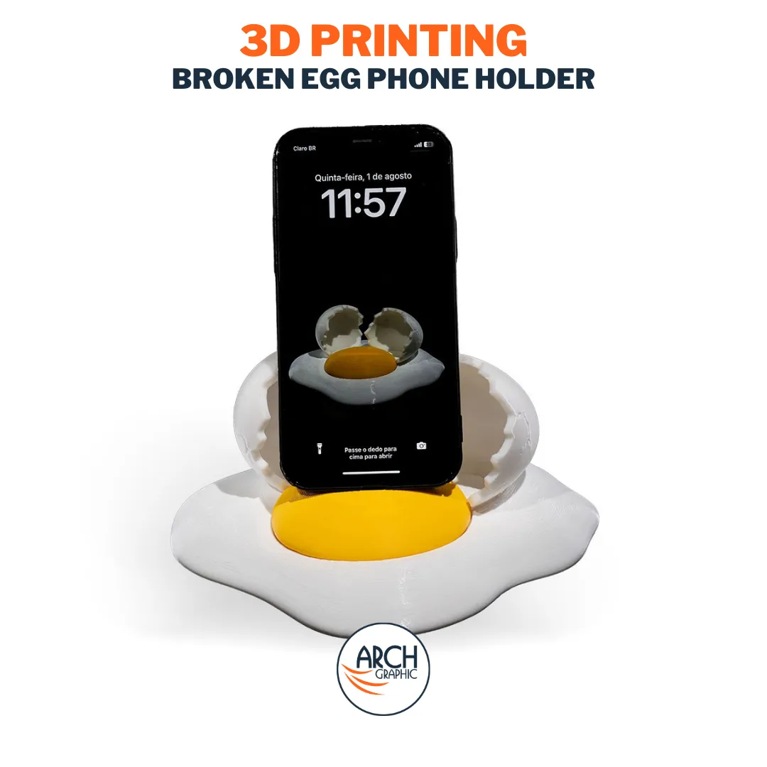 3D printed egg phone stand with a smartphone placed in the broken shell