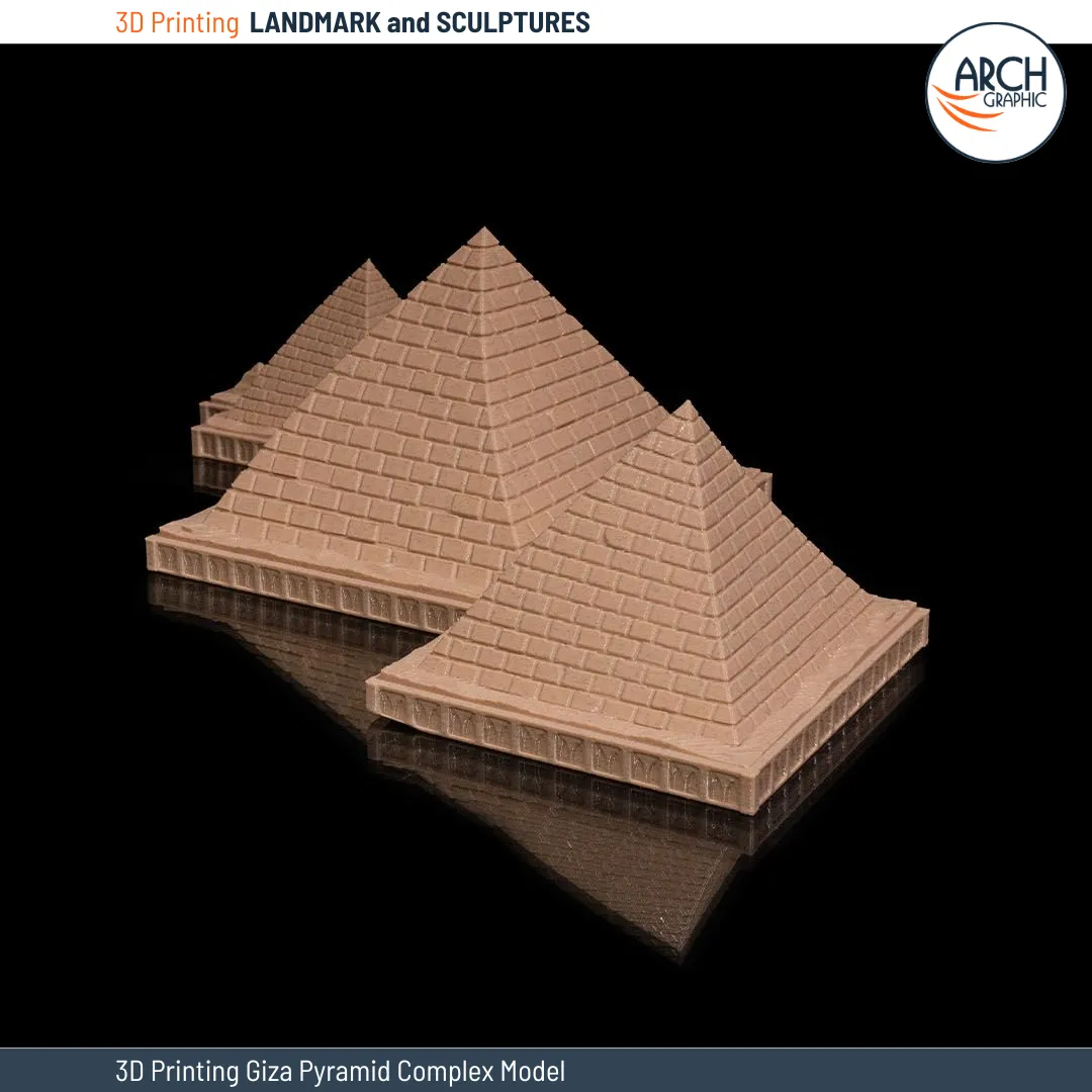 مجسم ثلاثي الأبعاد لأهرامات الجيزة، يعرض تفاصيل هندسية دقيقة تم إنشاؤها باستخدام تقنية الطباعة ثلاثية الأبعاد في الإمارات.