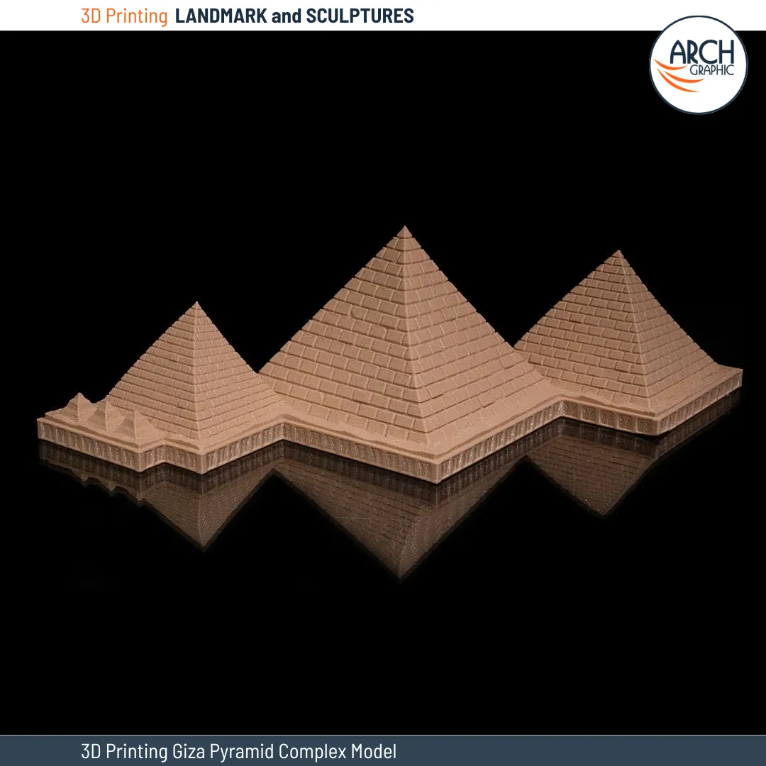 A high-precision 3D printed model of the Giza Pyramids, showcasing an intricate design made with advanced 3D printing technology in the UAE.
