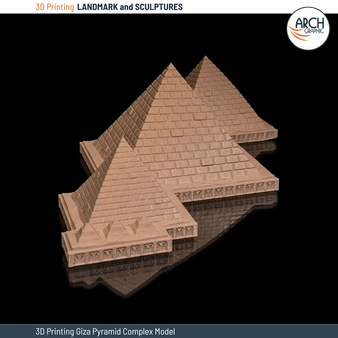 A highly detailed 3D printed model of the Giza Pyramid Complex, showcasing the precision of its architectural design, crafted with advanced 3D printing in the UAE.