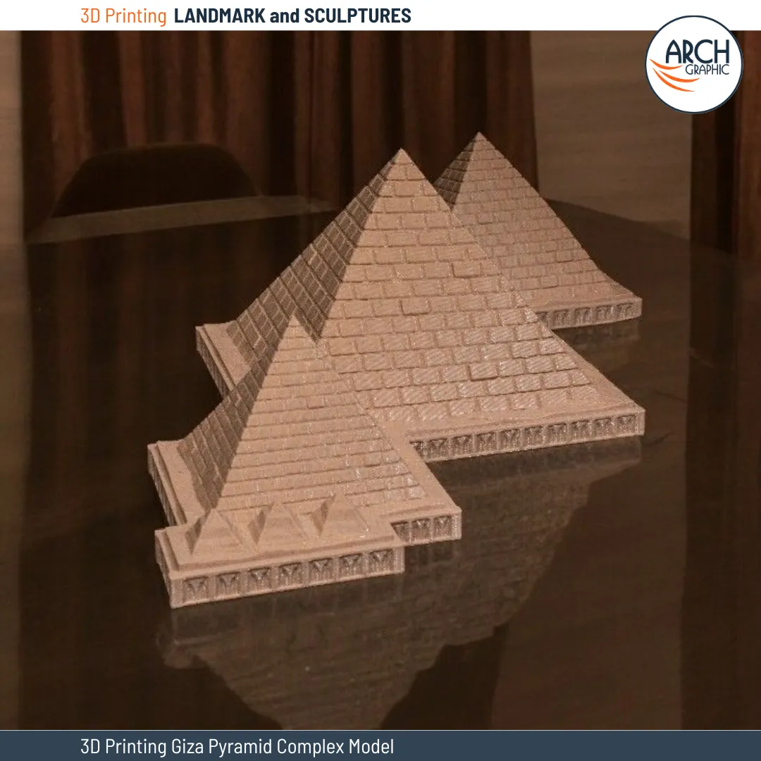 A beautifully crafted 3D printed Giza Pyramid Complex model displayed in an elegant home setting, made with high-quality 3D printing in the UAE.
