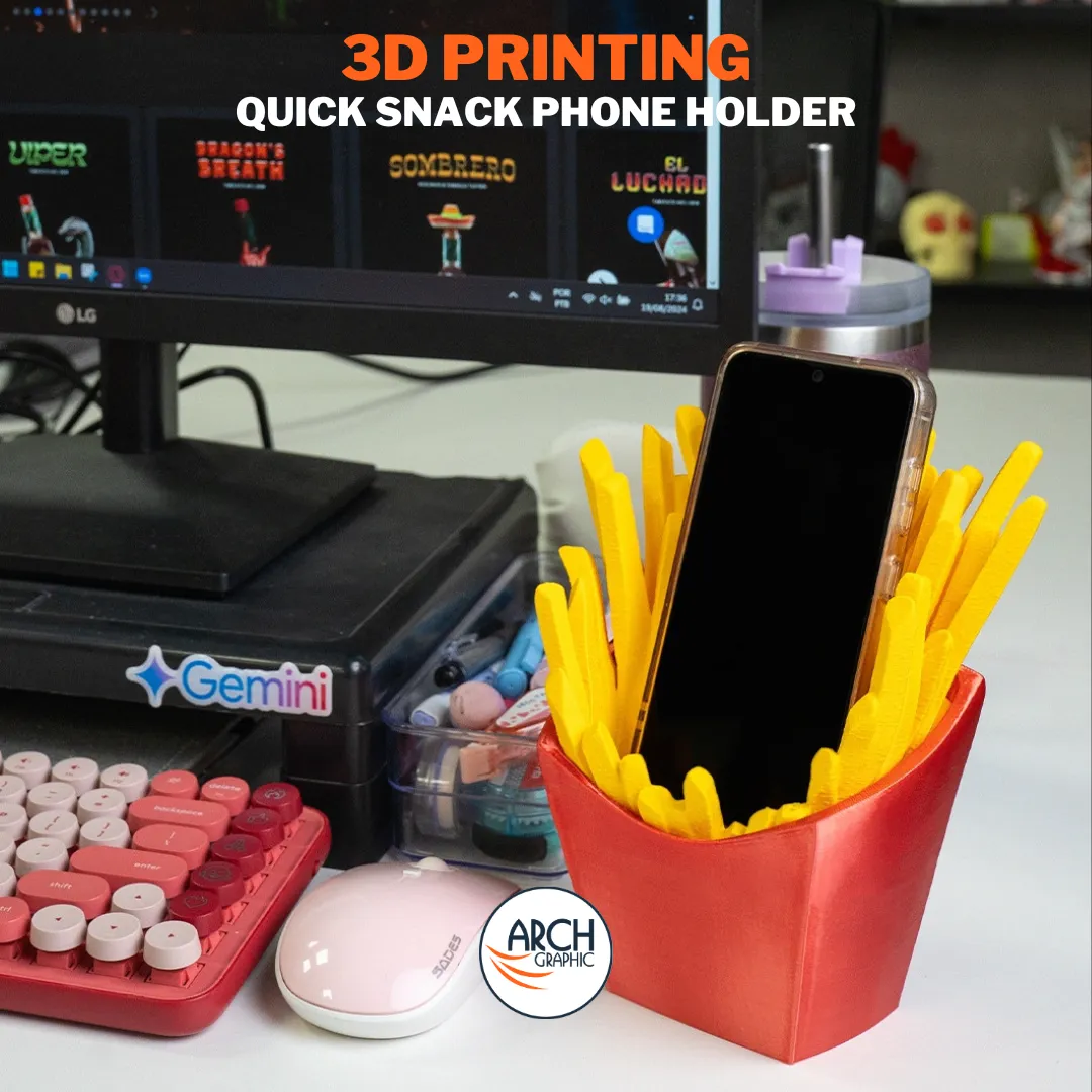 3D printed French fries phone holder on a desk with a smartphone