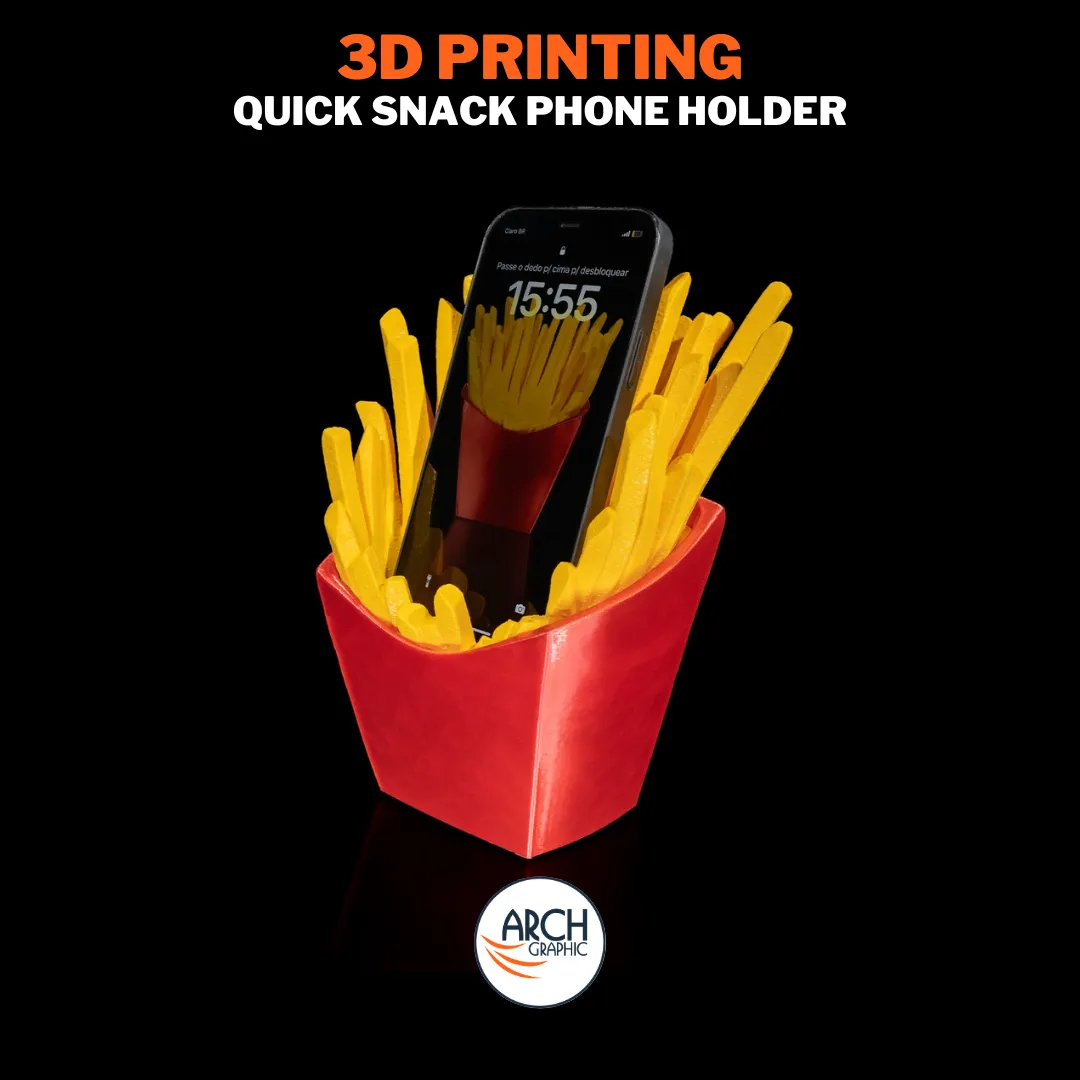 3D printed French fries phone stand with a smartphone placed in it.
