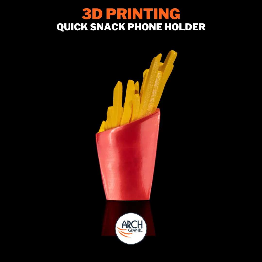 Side view of a 3D printed French fries phone holder