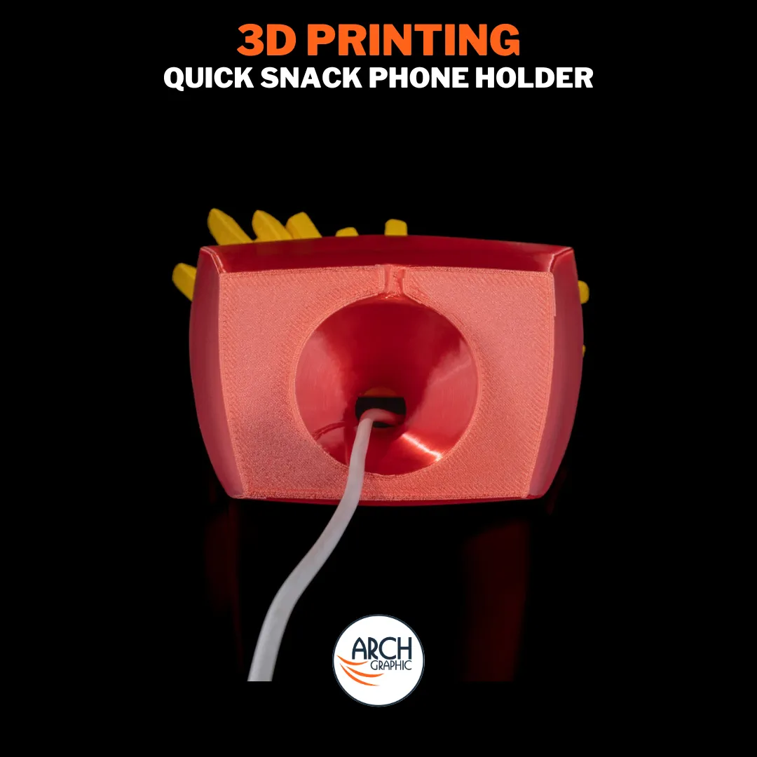 3D printed fries phone holder with a charging cable slot.