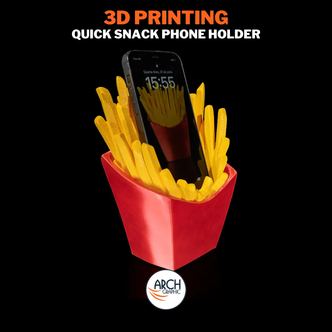 3D printed French fries phone stand with a smartphone placed in the center