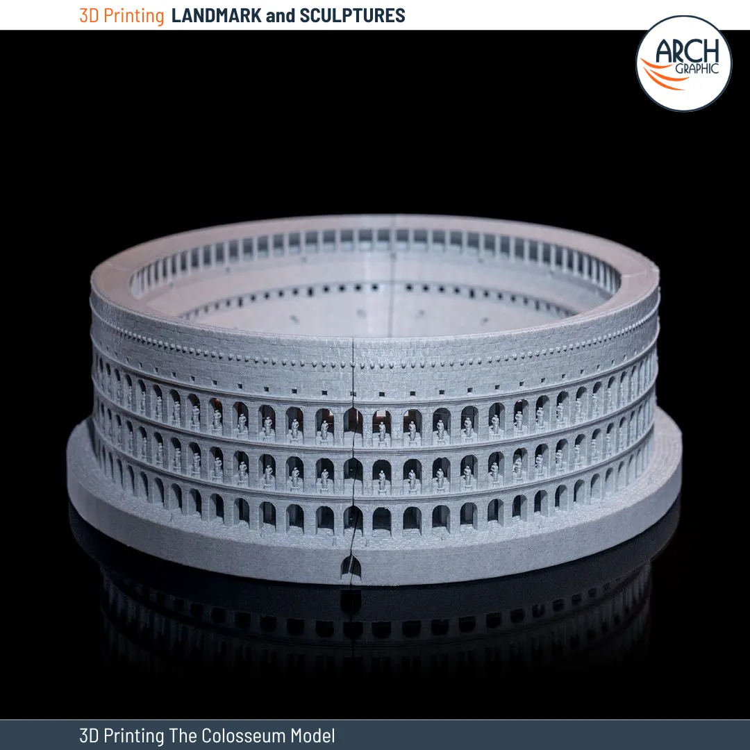 A high-precision 3D printed model of the Colosseum, displaying the front view with its symmetrical arches and intricate design.