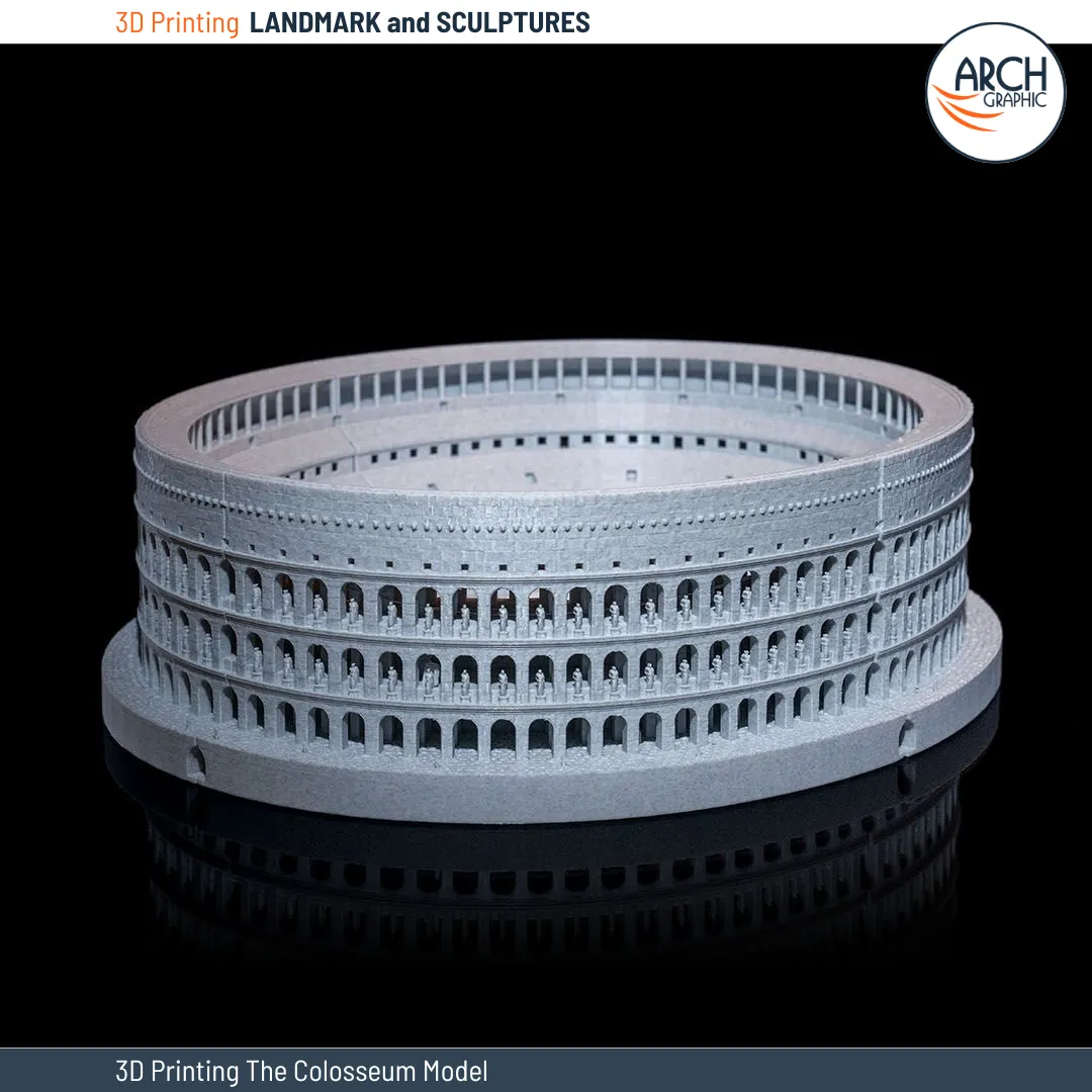 A high-precision 3D printed model of the Colosseum showcasing its iconic Roman arches in a finely crafted design.