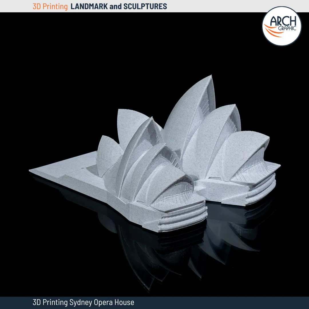 Detailed 3D printed model of the Sydney Opera House with curved sail-like structures