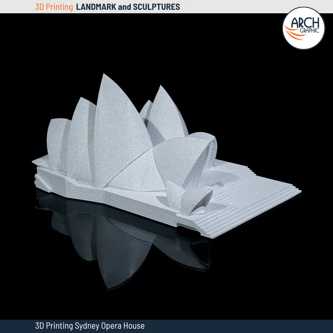 3D printed Sydney Opera House model showing detailed architecture on reflective black surface