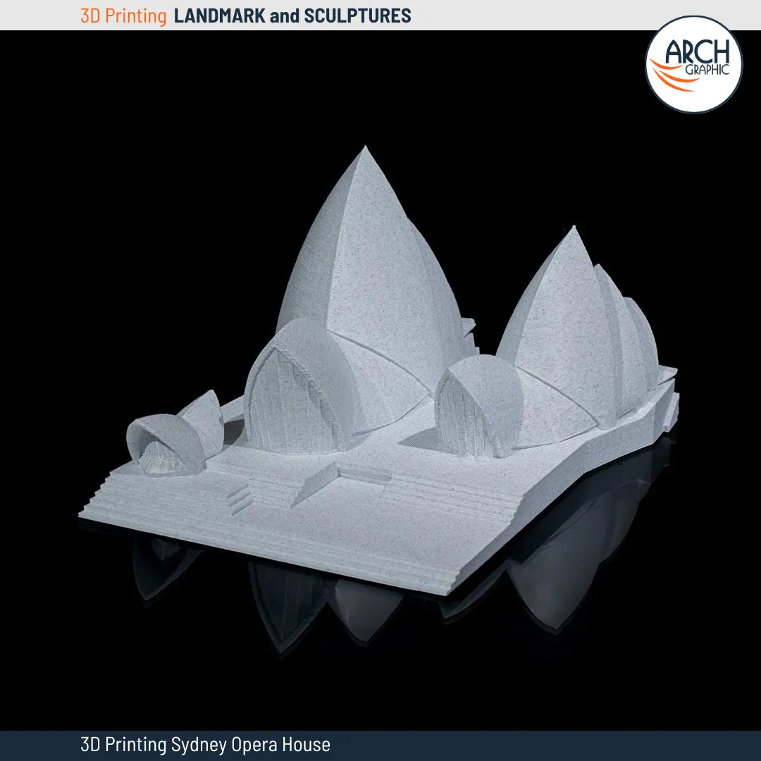 Elegant 3D printed model of Sydney Opera House placed on a smooth reflective surface